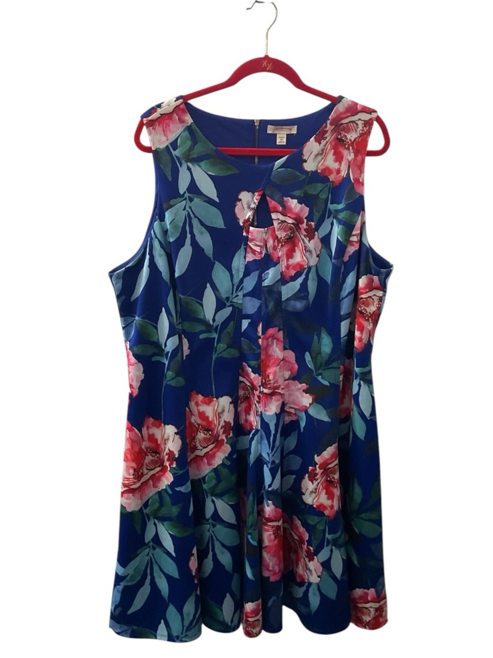 dressbarn Blue Floral Sleeveless Midi Dress w/ Pink Blooms P:23” L:41”